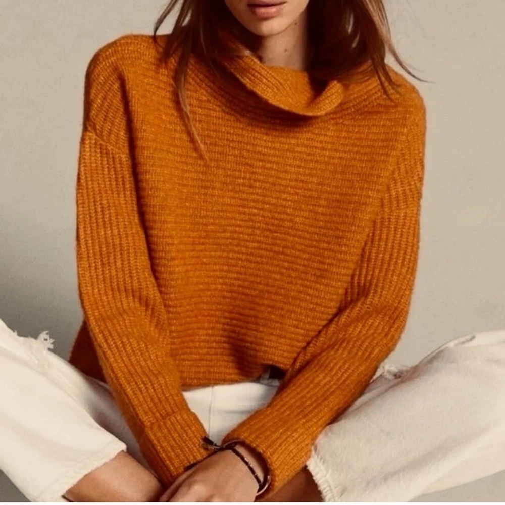 Pilcro Women’s Cowl Neck Oversized Sweater XS Burnt Orange Ribbed Knit Pullover